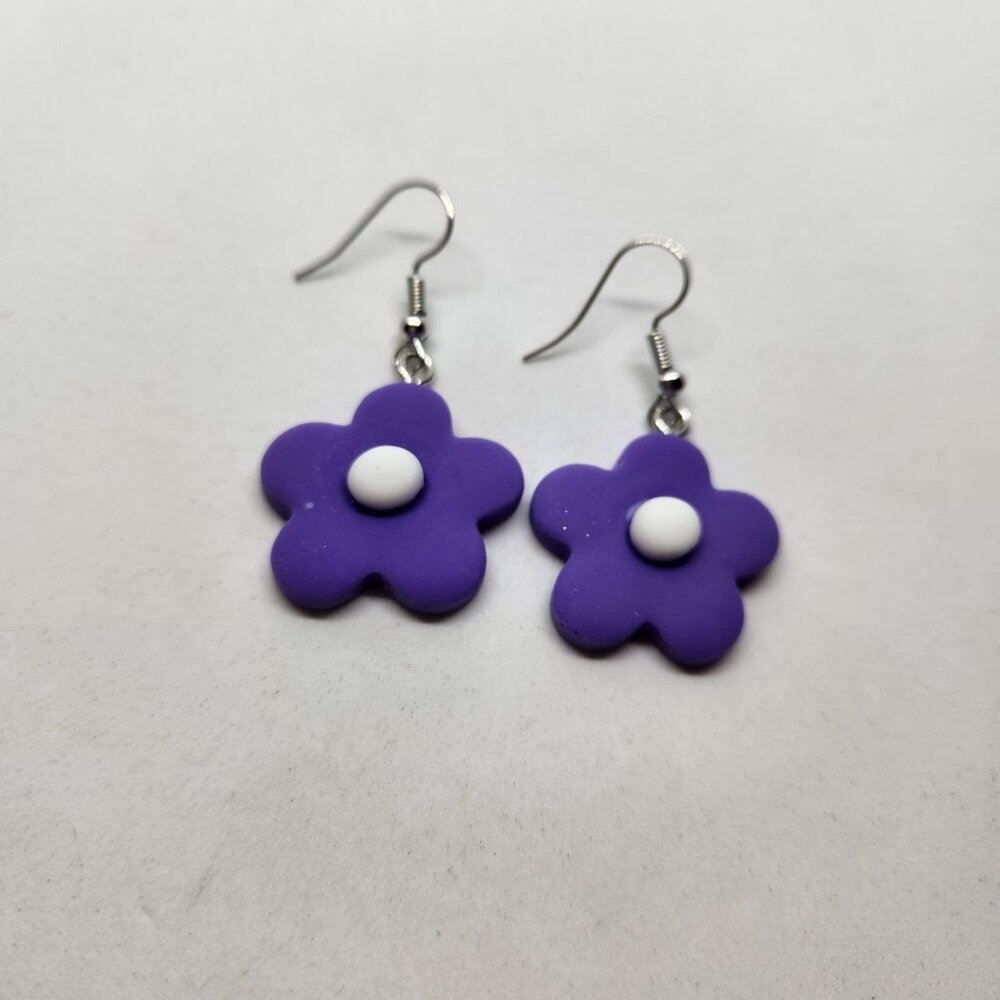 Purple Flower White Dot Super Cute Fun Gift Earrings Acrylic Hook Dangle
